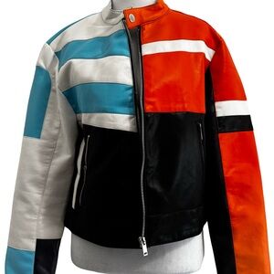 NWT Stoosh Bomber Jacket Orange and Blue with Asymmetrical Design